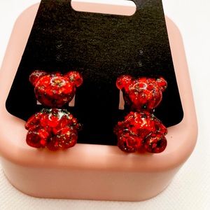 Handmade resin earrings large red glitter teddy/gummy bear